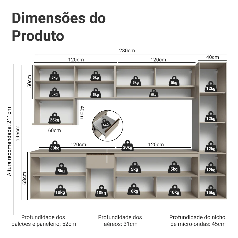 Armário de Cozinha Completa 280 cm Suspensa Crema Nice Madesa 05 - Image 3