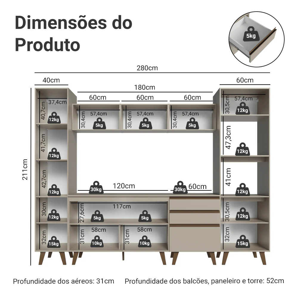 Armário de Cozinha Completa 280cm Crema Nice Madesa 01 - Image 3