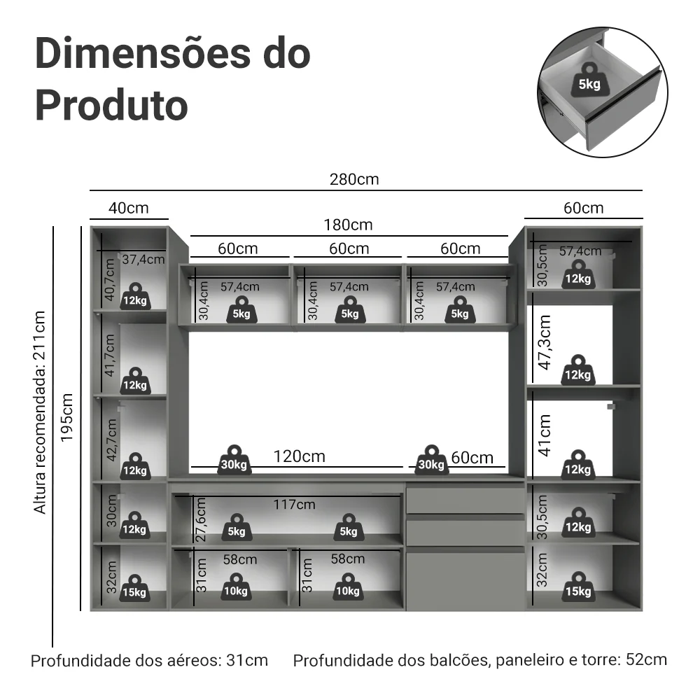 Armário de Cozinha Completa 280cm Suspensa Cinza Nice Madesa 06 - Image 3