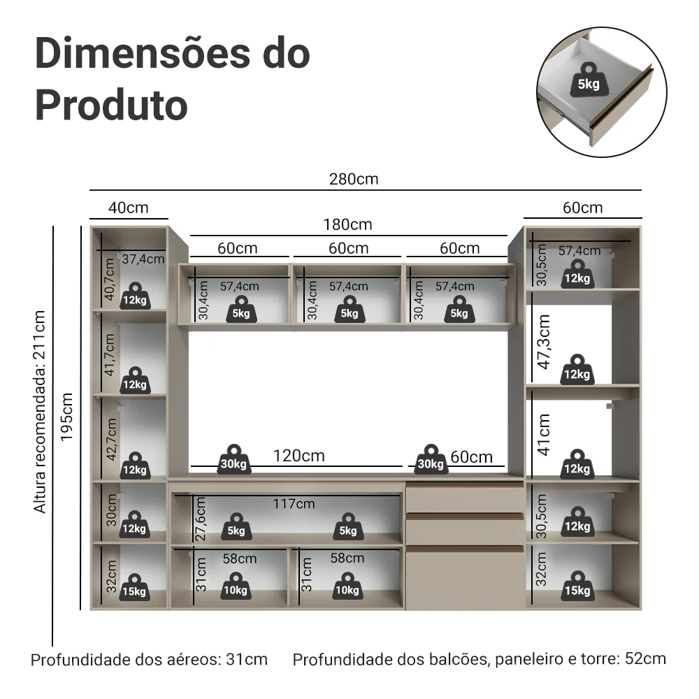 Armário de Cozinha Completa 280cm Suspensa Crema Nice Madesa 06 - Image 3