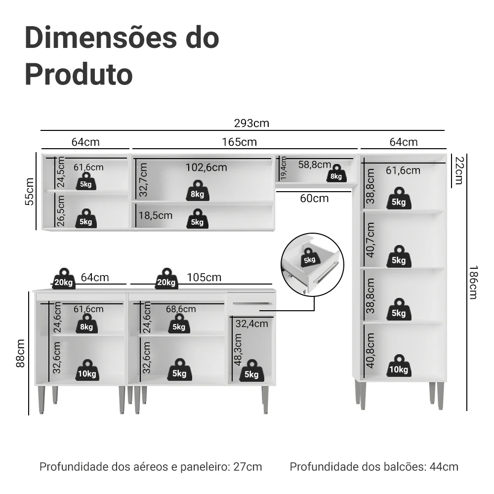 Armário de Cozinha Completa 293cm Branco Emilly Madesa 011 - Image 3