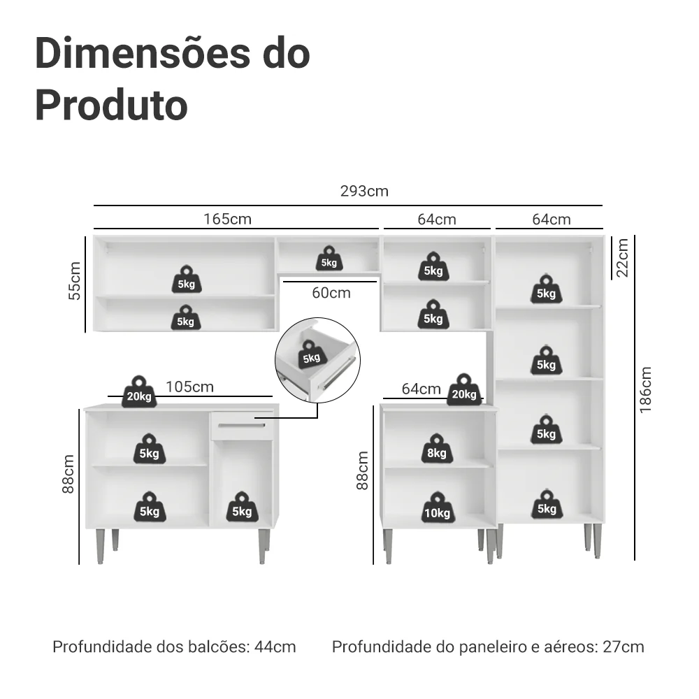 Armário de Cozinha Completa 293cm com Pia Branco Emilly Madesa 09 - Image 3