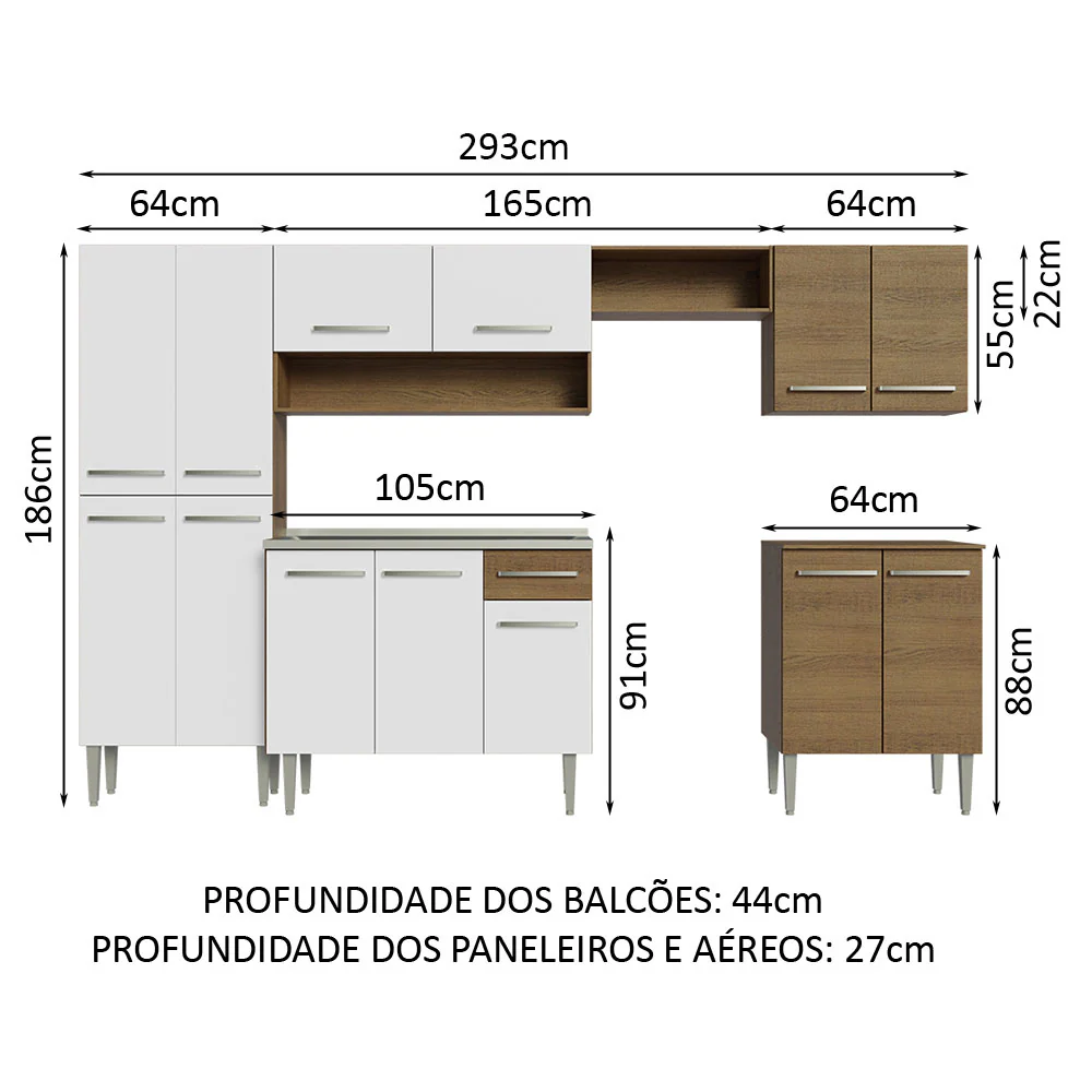 Armário de Cozinha Completa 293cm com Pia Rustic/Branco Emilly Madesa 08 - Image 3