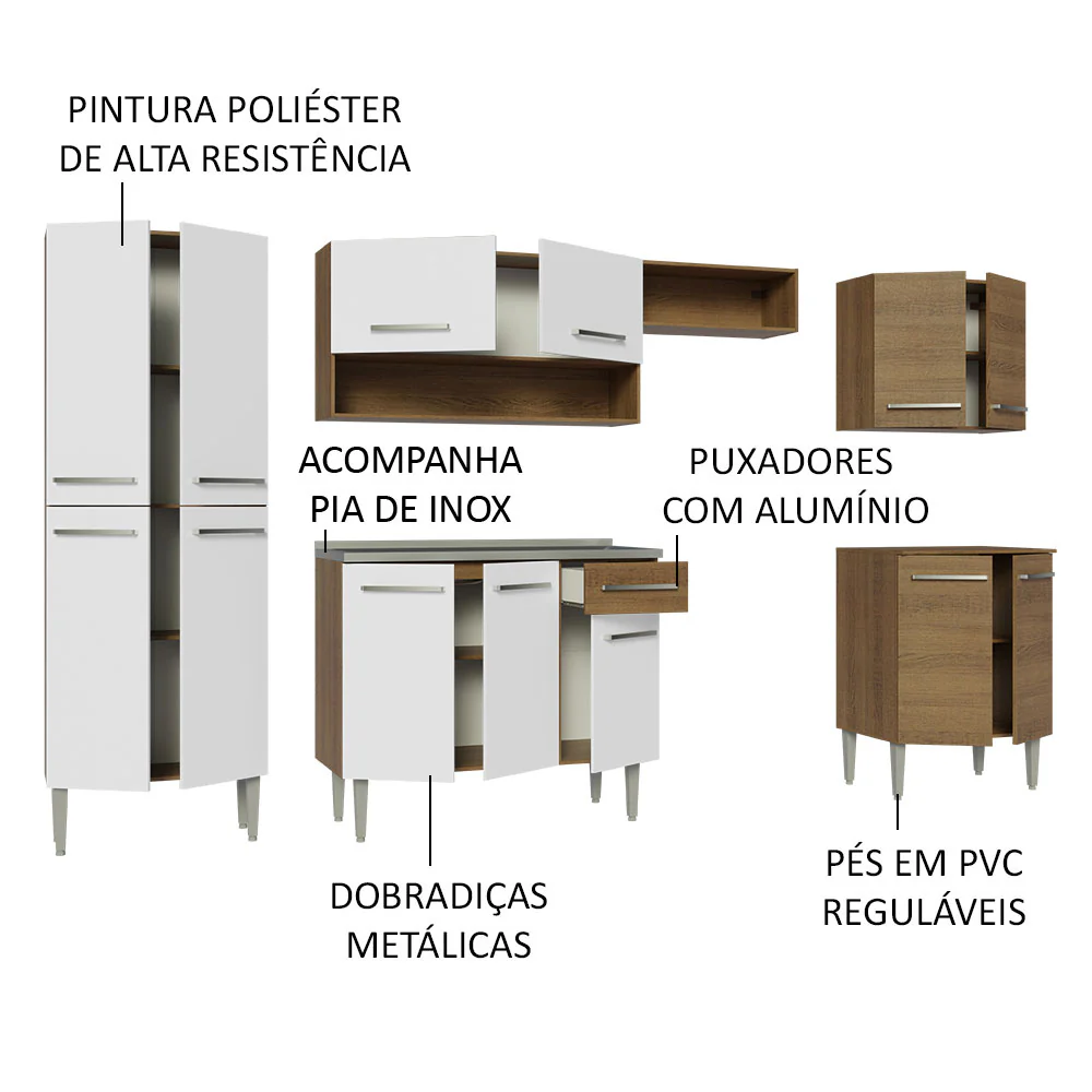 Armário de Cozinha Completa 293cm com Pia Rustic/Branco Emilly Madesa 08 - Image 4