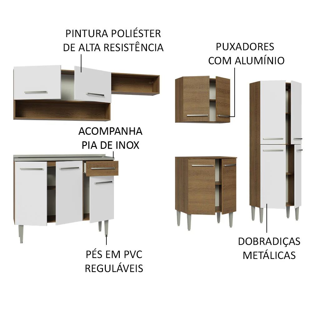 Armário de Cozinha Completa 293cm com Pia Rustic/Branco Emilly Madesa 09 - Image 4