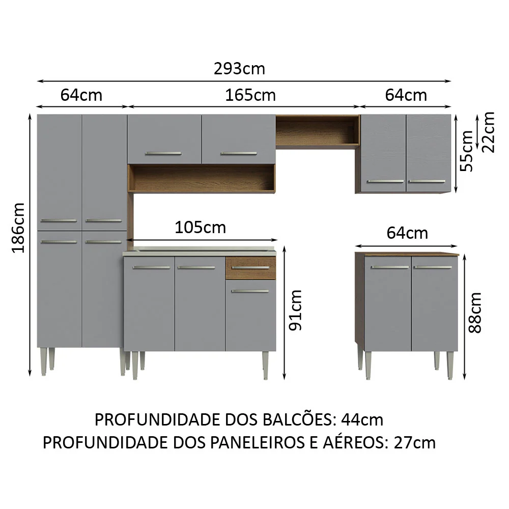 Armário de Cozinha Completa 293cm com Pia Rustic/Cinza Emilly Madesa 08 - Image 3