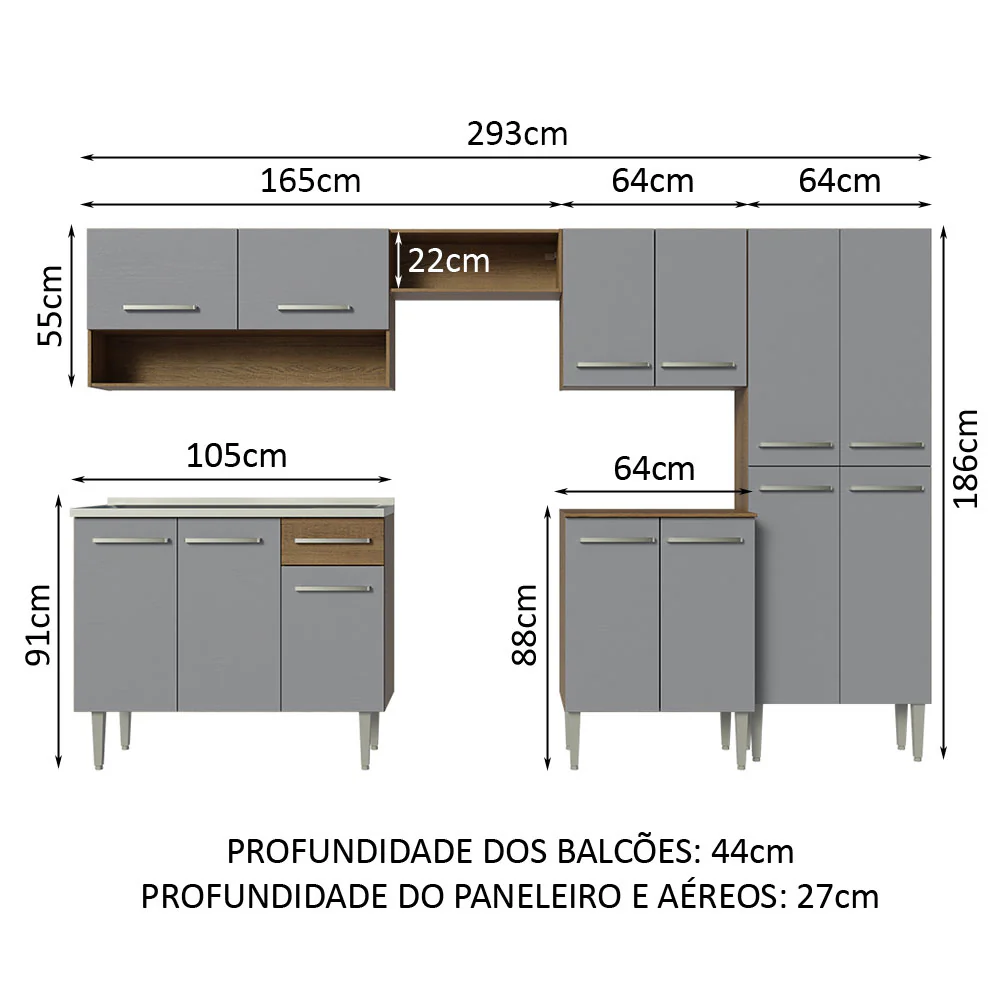 Armário de Cozinha Completa 293cm com Pia Rustic/Cinza Emilly Madesa 09 - Image 3
