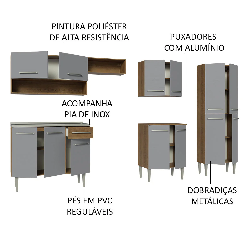 Armário de Cozinha Completa 293cm com Pia Rustic/Cinza Emilly Madesa 09 - Image 4