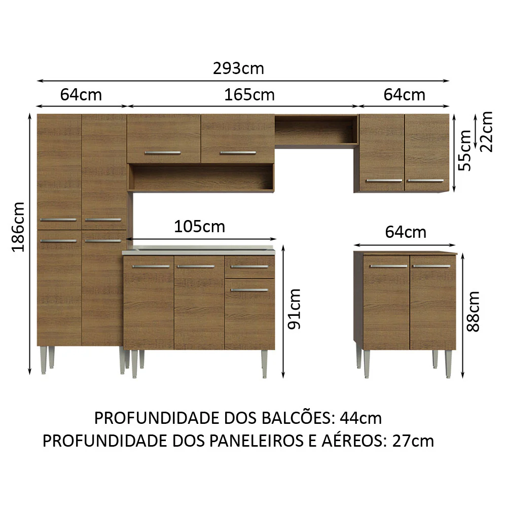 Armário de Cozinha Completa 293cm com Pia Rustic Emilly Madesa 08 - Image 3