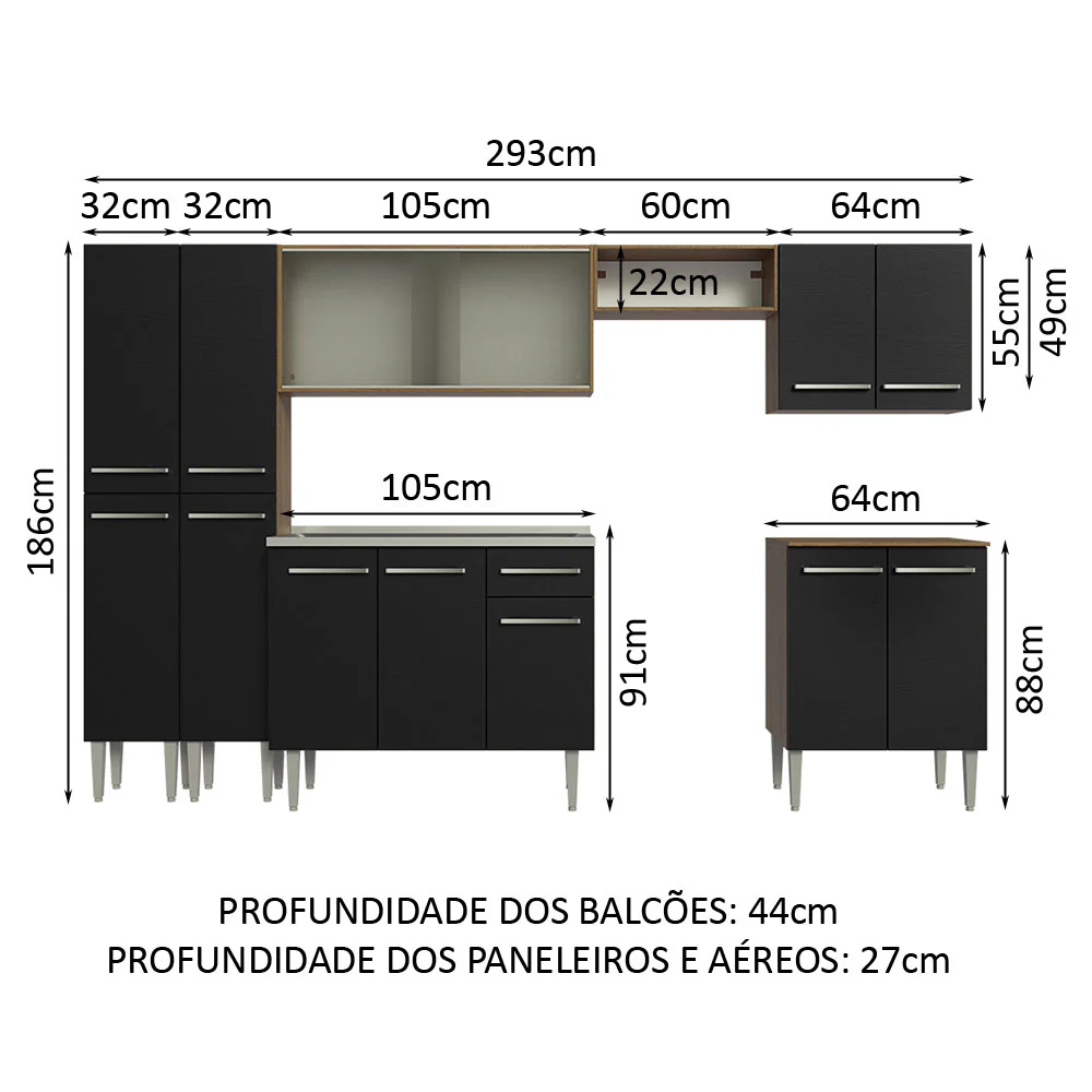 Armário de Cozinha Completa 293cm com Pia Rustic/Preto Emilly Madesa 06 - Image 3