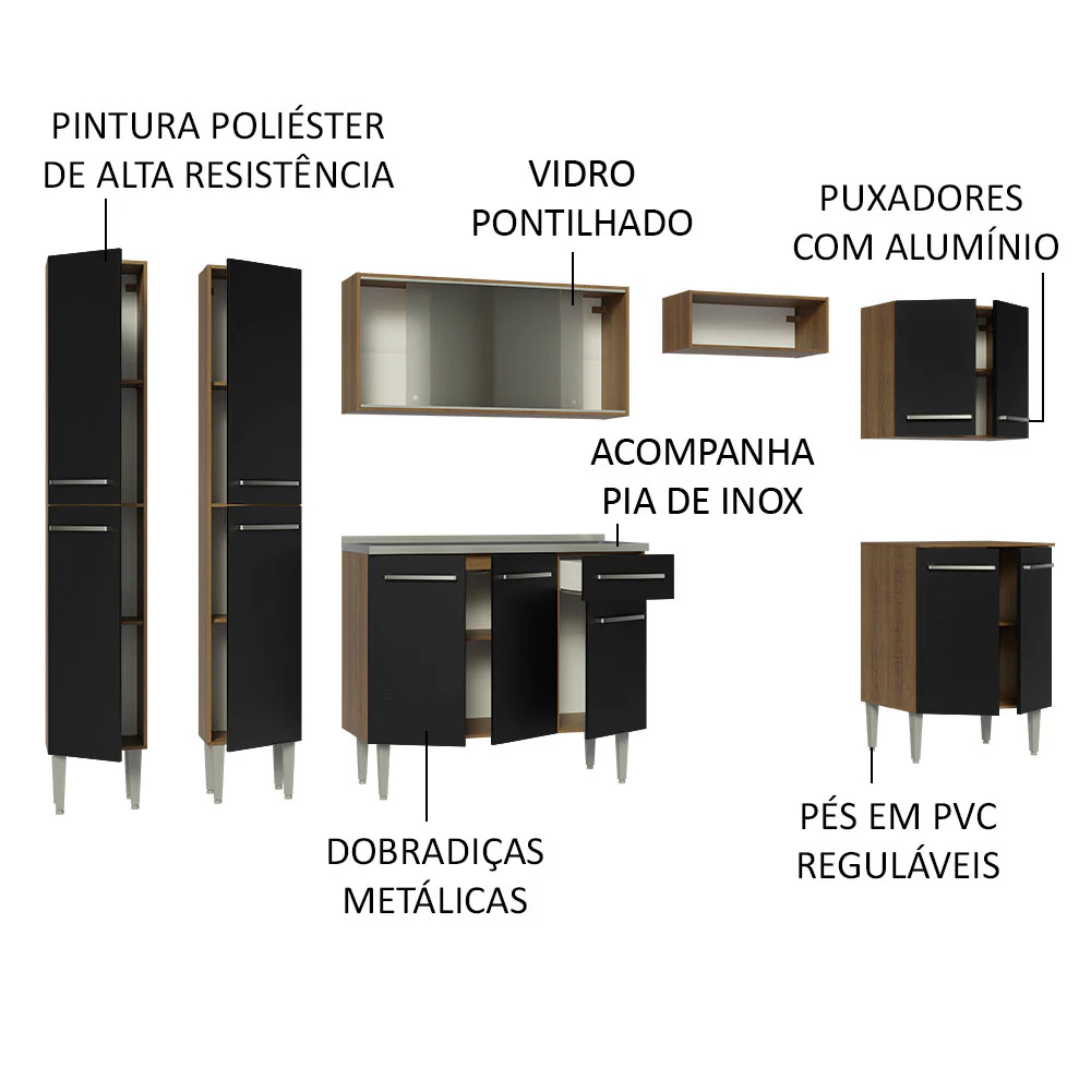 Armário de Cozinha Completa 293cm com Pia Rustic/Preto Emilly Madesa 06 - Image 4