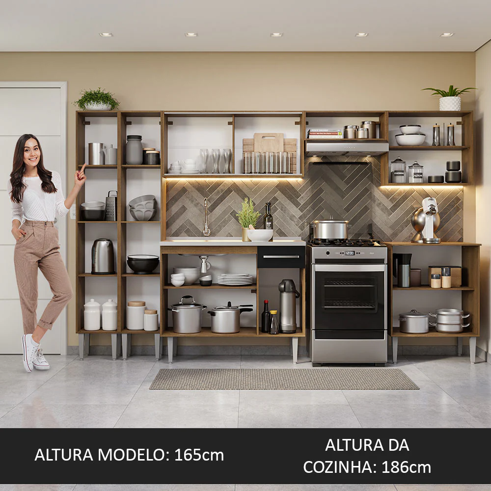 Armário de Cozinha Completa 293cm com Pia Rustic/Preto Emilly Madesa 06 - Image 5
