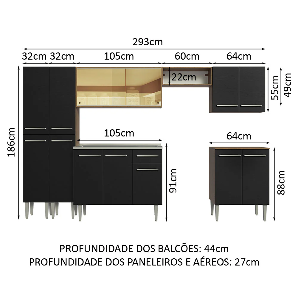 Armário de Cozinha Completa 293cm com Pia Rustic/Preto Emilly Madesa 07 - Image 3