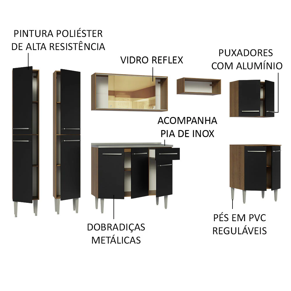 Armário de Cozinha Completa 293cm com Pia Rustic/Preto Emilly Madesa 07 - Image 4