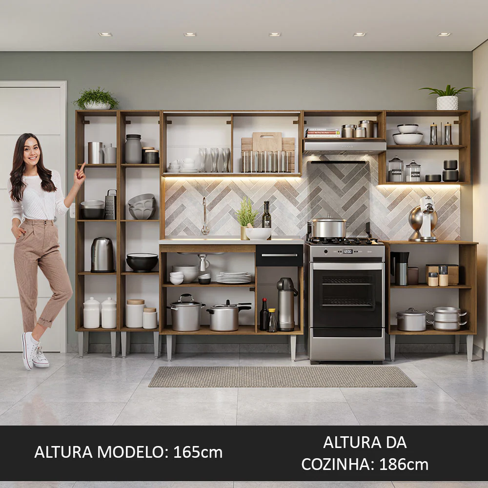 Armário de Cozinha Completa 293cm com Pia Rustic/Preto Emilly Madesa 07 - Image 5