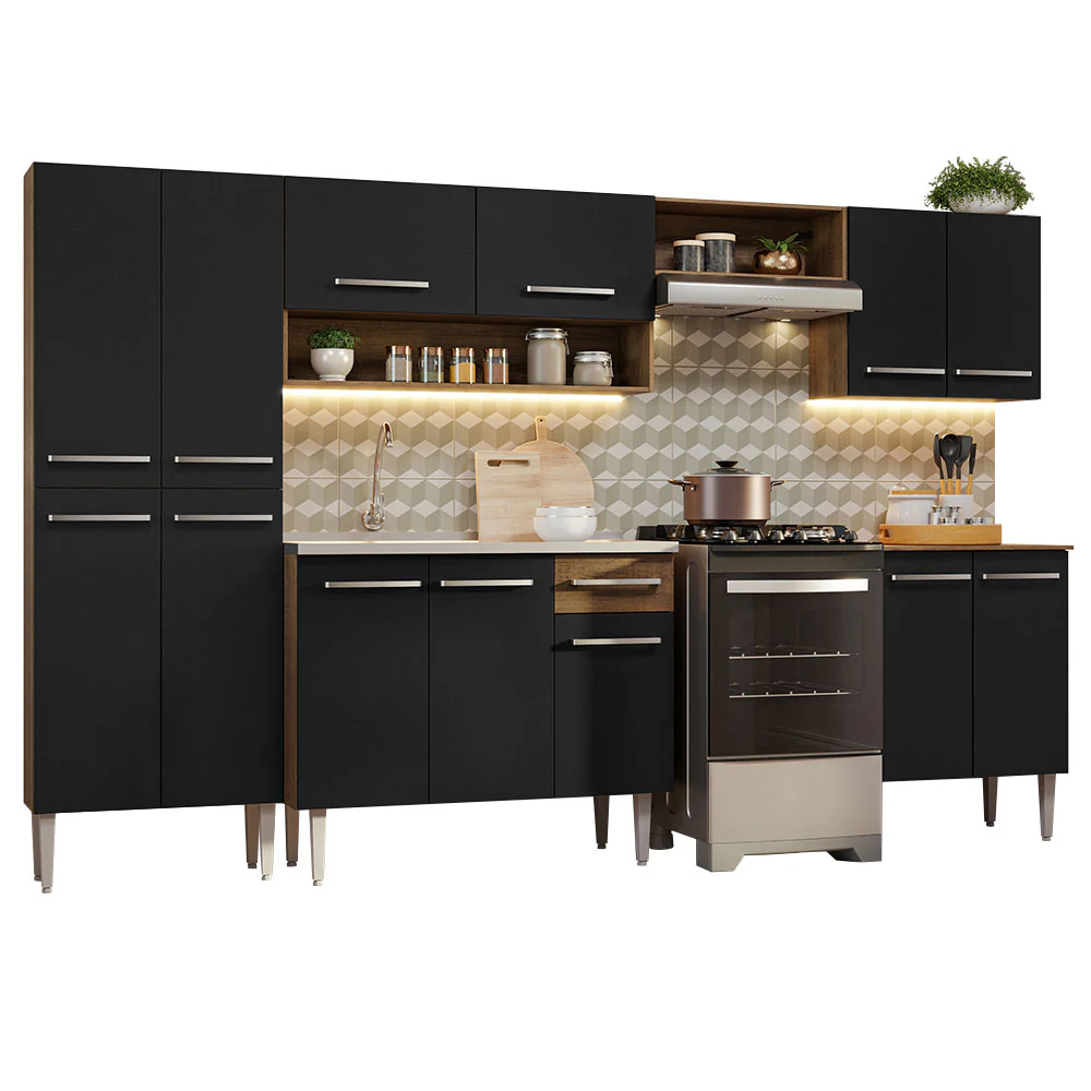 Armário de Cozinha Completa 293cm com Pia Rustic/Preto Emilly Madesa 08 - Image 2
