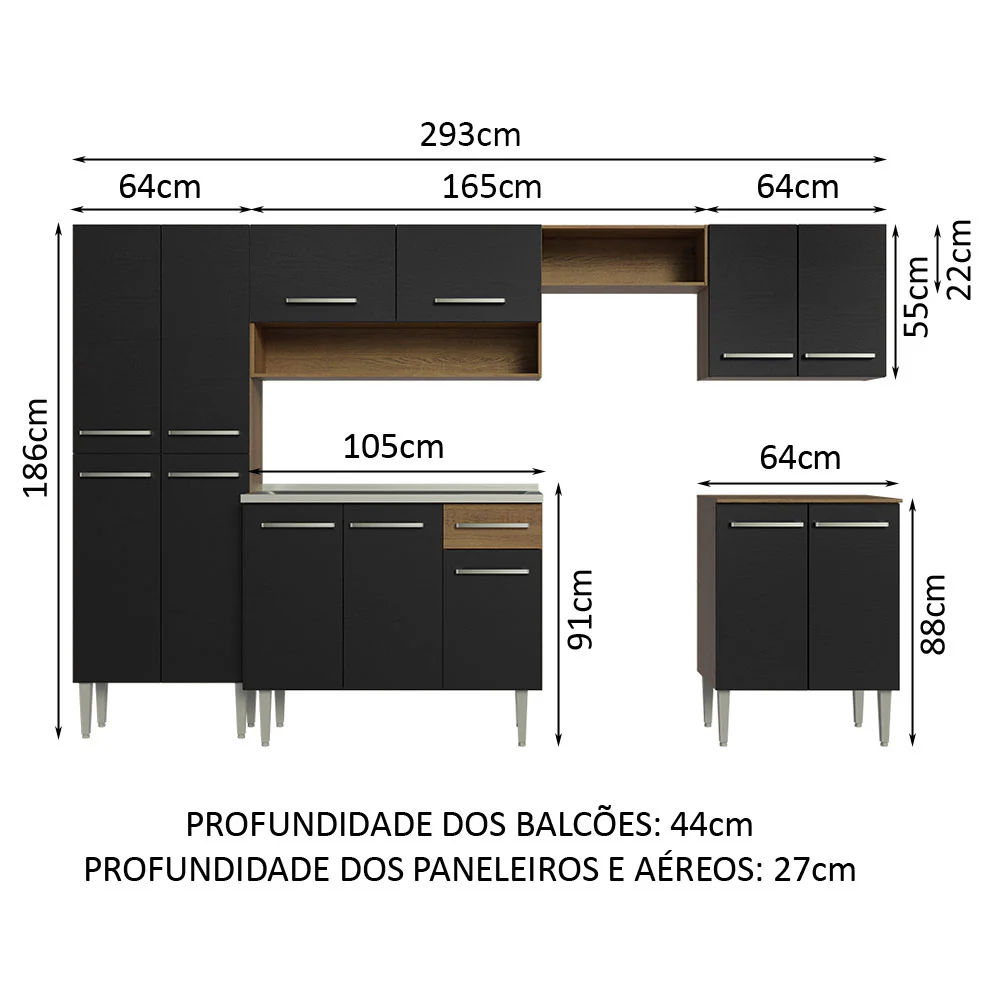 Armário de Cozinha Completa 293cm com Pia Rustic/Preto Emilly Madesa 08 - Image 3