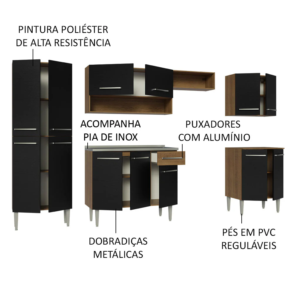 Armário de Cozinha Completa 293cm com Pia Rustic/Preto Emilly Madesa 08 - Image 4