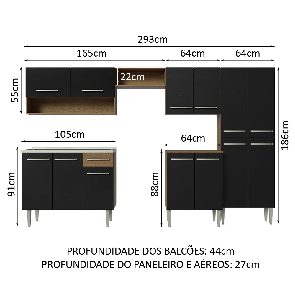 Armário de Cozinha Completa 293cm com Pia Rustic/Preto Emilly Madesa 09 - Image 3