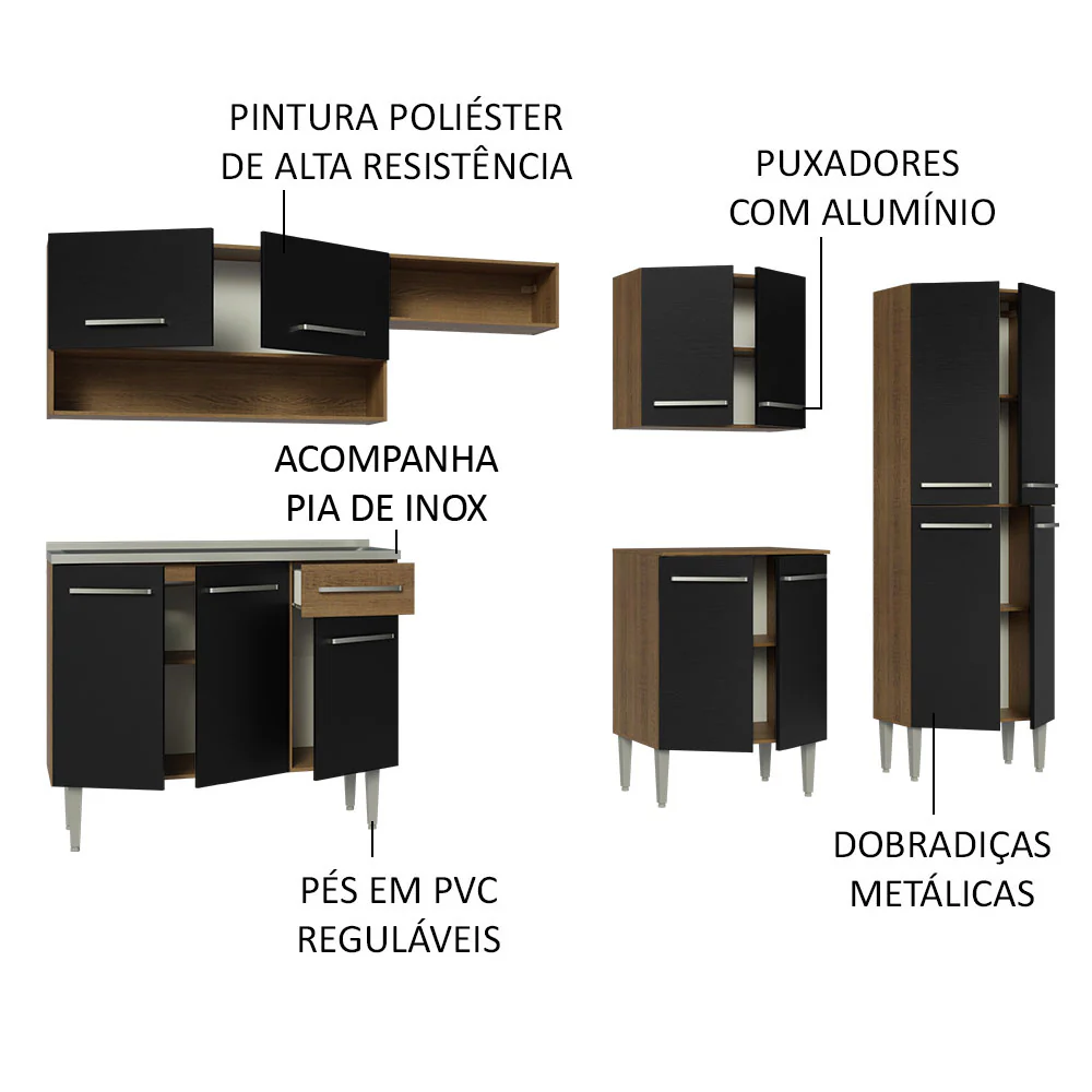 Armário de Cozinha Completa 293cm com Pia Rustic/Preto Emilly Madesa 09 - Image 4