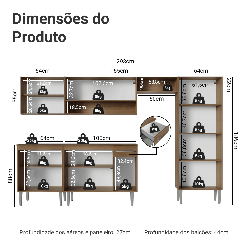 Armário de Cozinha Completa 293cm Rustic/Cinza Emilly Madesa 011 - Image 3
