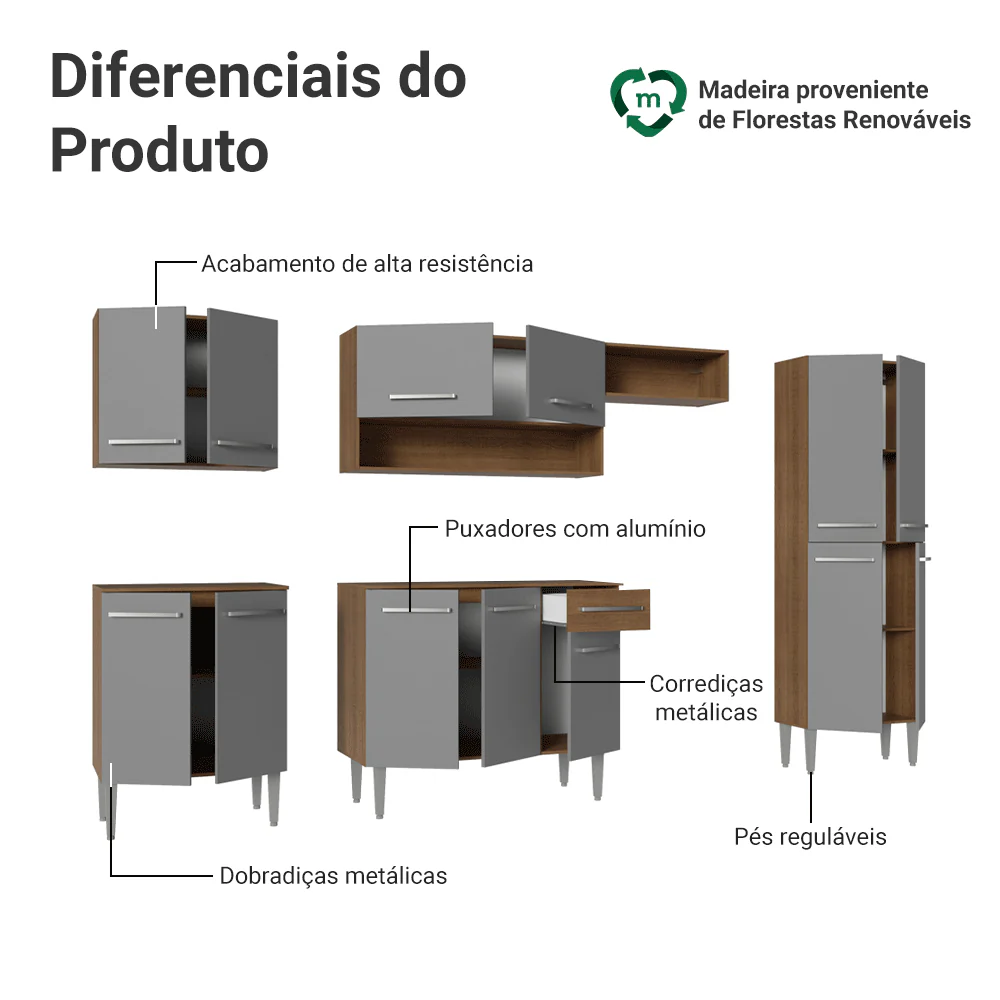 Armário de Cozinha Completa 293cm Rustic/Cinza Emilly Madesa 011 - Image 4