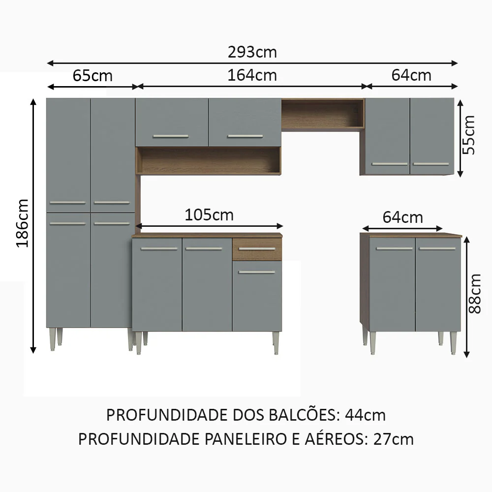 Armário de Cozinha Completa 293cm Rustic/Cinza Emilly Madesa 02 - Image 3