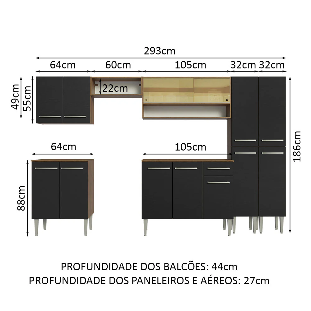 Armário de Cozinha Completa 293cm Rustic/Preto Emilly Madesa 03 - Image 3