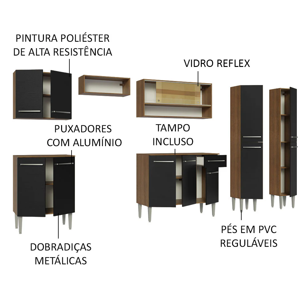 Armário de Cozinha Completa 293cm Rustic/Preto Emilly Madesa 03 - Image 4