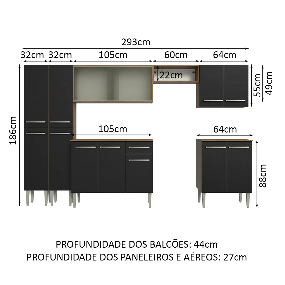 Armário de Cozinha Completa 293cm Rustic/Preto Emilly Madesa 04 - Image 3
