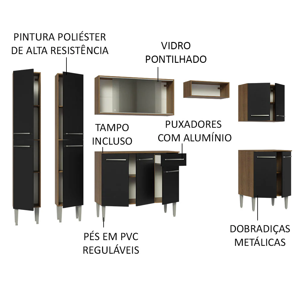 Armário de Cozinha Completa 293cm Rustic/Preto Emilly Madesa 04 - Image 4