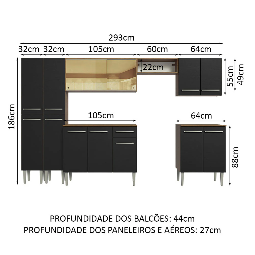 Armário de Cozinha Completa 293cm Rustic/Preto Emilly Madesa 05 - Image 3