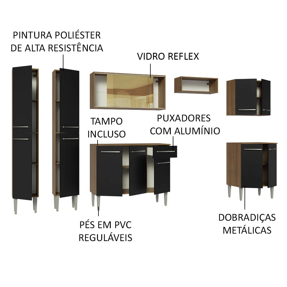 Armário de Cozinha Completa 293cm Rustic/Preto Emilly Madesa 05 - Image 4