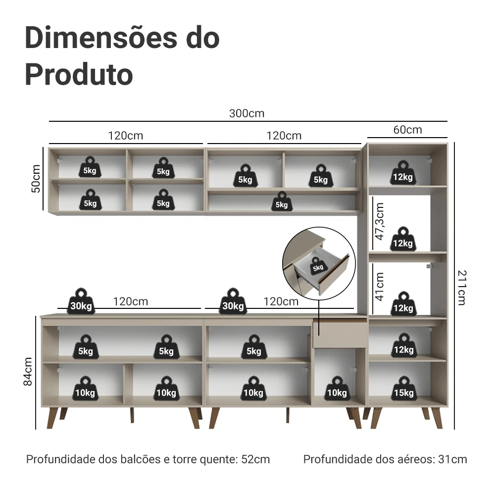 Armário de Cozinha Completa 300 cm Crema Nice Madesa 02 - Image 3