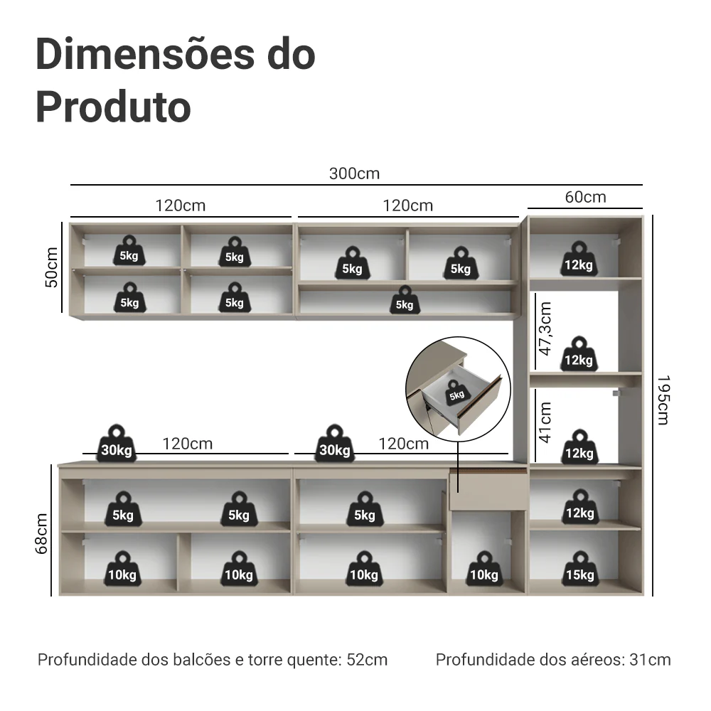 Armário de Cozinha Completa 300 cm Suspenso Crema Nice Madesa 03 - Image 3