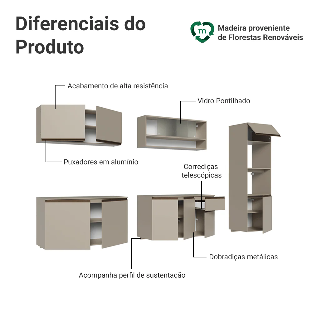 Armário de Cozinha Completa 300 cm Suspenso Crema Nice Madesa 04 - Image 4