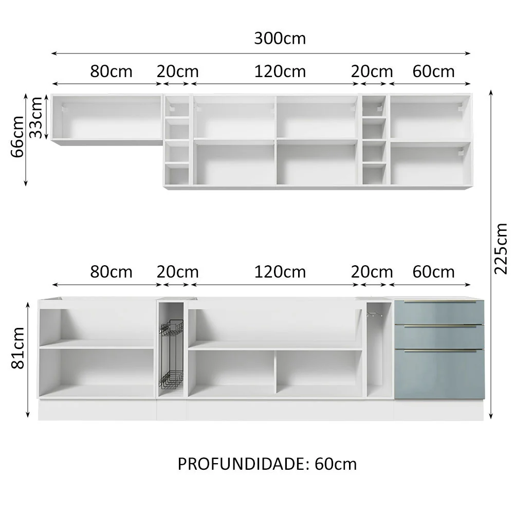 Armário de Cozinha Completa 300 x 60 cm Branco/Cinza Lux da Sabrina Madesa - Image 6