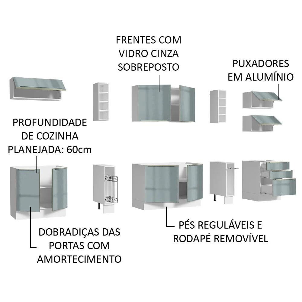 Armário de Cozinha Completa 300 x 60 cm Branco/Cinza Lux da Sabrina Madesa - Image 8