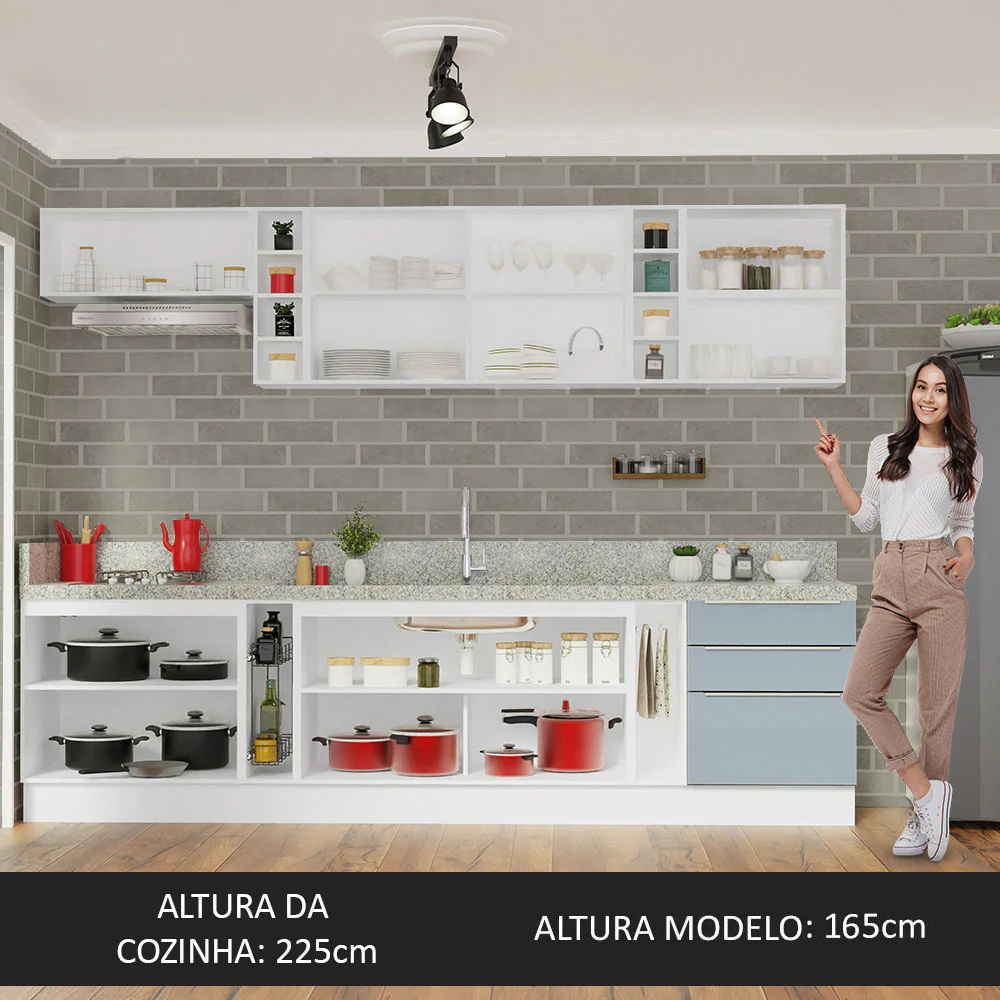 Armário de Cozinha Completa 300 x 60 cm Branco/Cinza Lux da Sabrina Madesa - Image 9