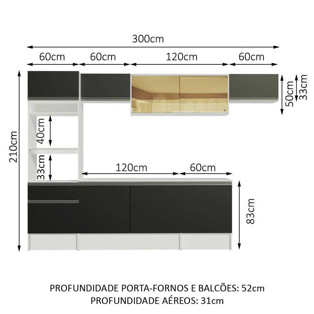 Armário de Cozinha Completa 300cm Branco/Preto Diamante Madesa 02 - Image 3