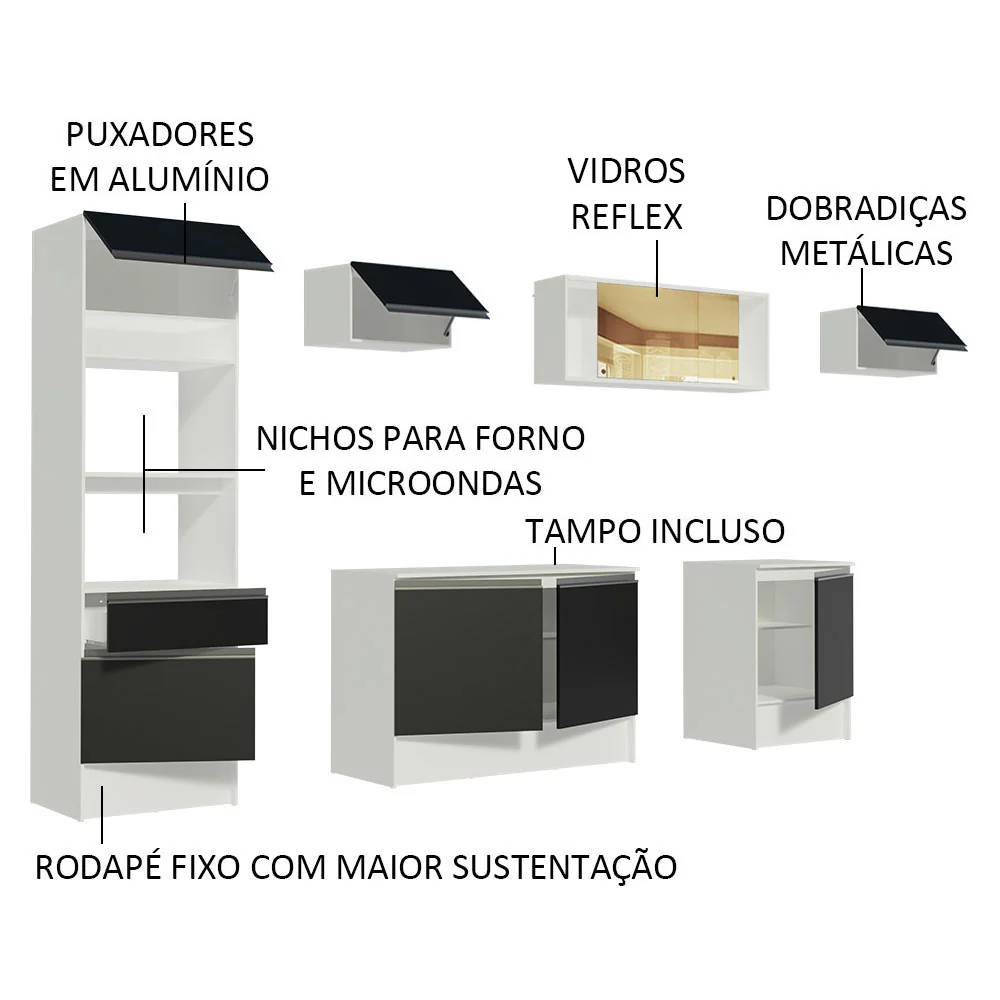 Armário de Cozinha Completa 300cm Branco/Preto Diamante Madesa 02 - Image 4