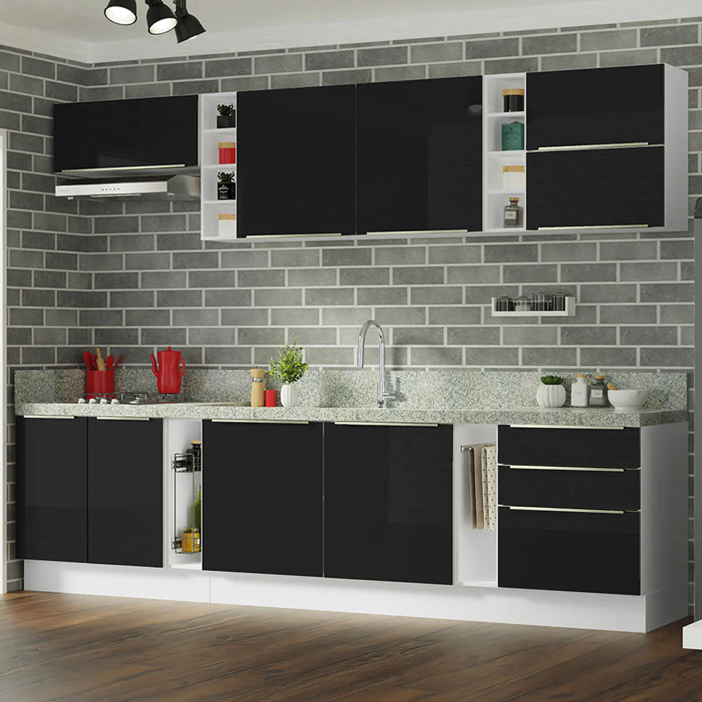 Armário de Cozinha Completa 300 x 60 cm Branco/Preto Lux da Sabrina Madesa - Image 2