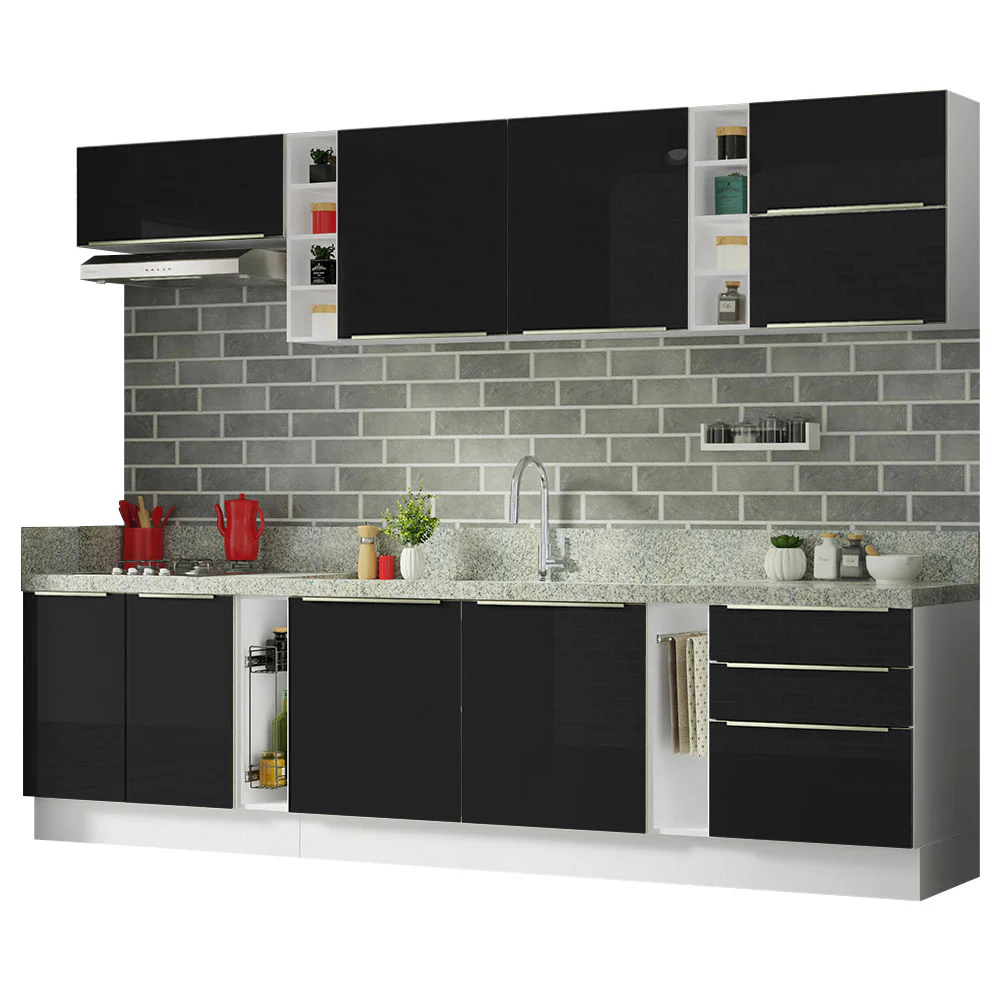 Armário de Cozinha Completa 300 x 60 cm Branco/Preto Lux da Sabrina Madesa - Image 3