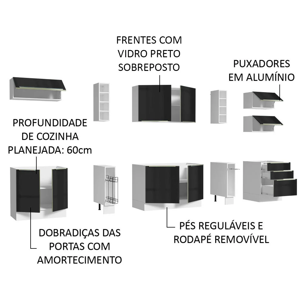 Armário de Cozinha Completa 300 x 60 cm Branco/Preto Lux da Sabrina Madesa - Image 8