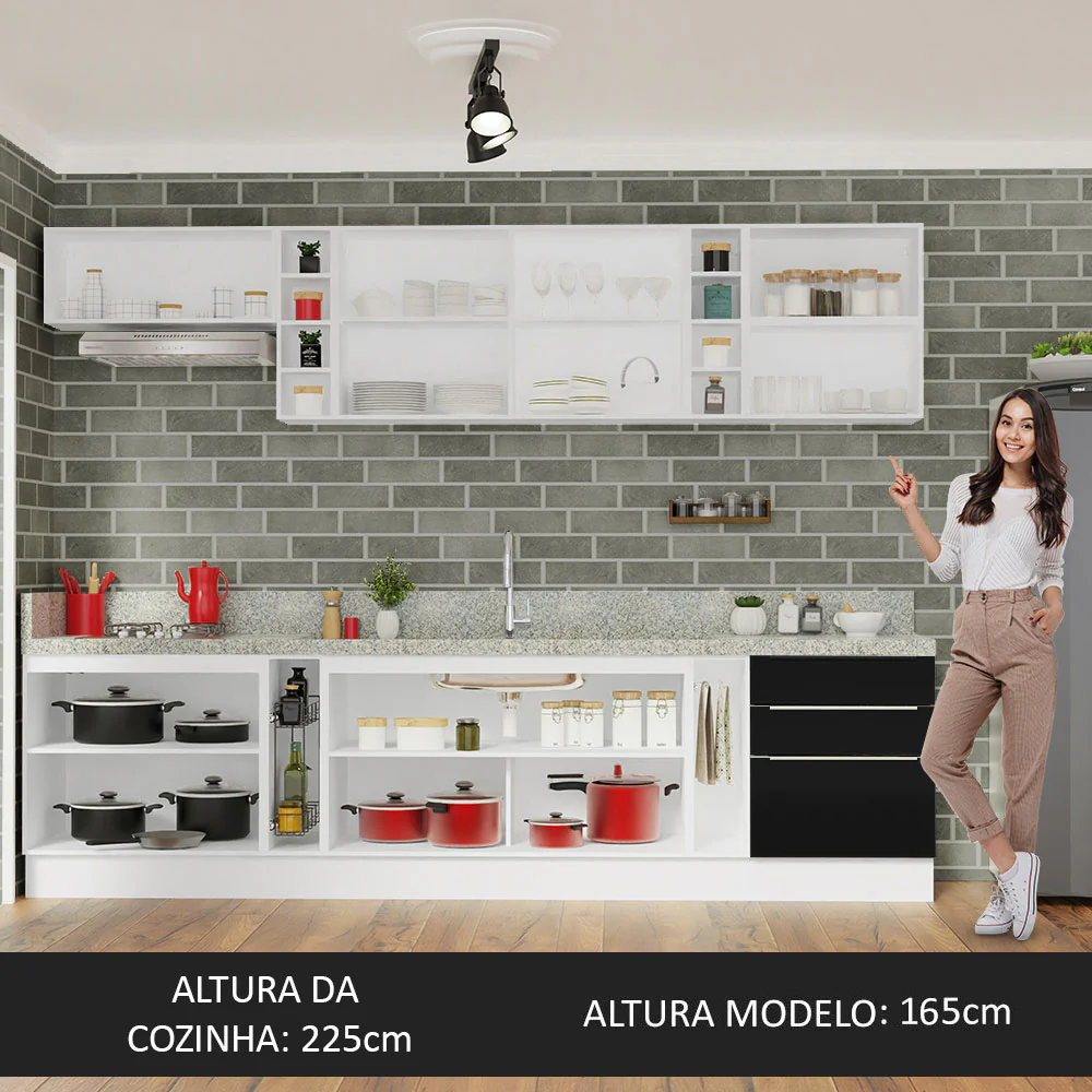 Armário de Cozinha Completa 300 x 60 cm Branco/Preto Lux da Sabrina Madesa - Image 9