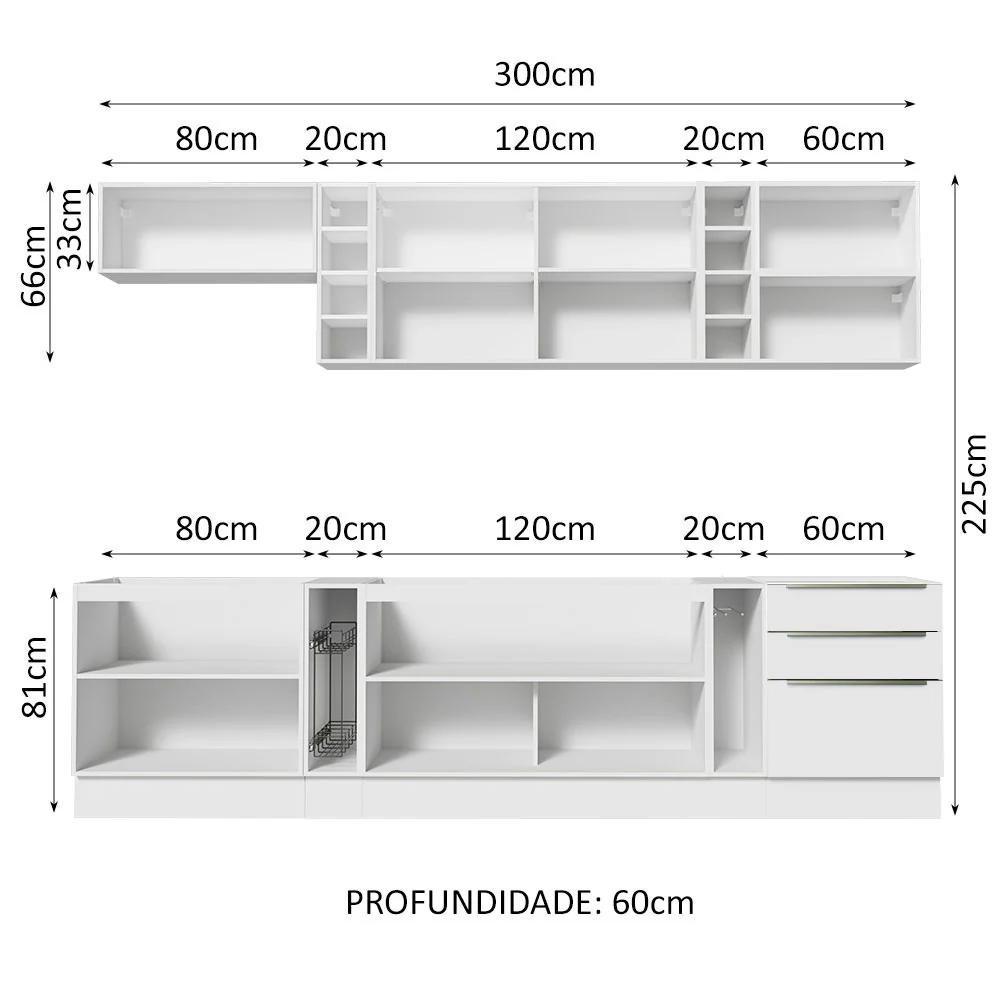 Armário de Cozinha Completa 300 x 60 cm Branco Veludo Lux da Sabrina Madesa - Image 6