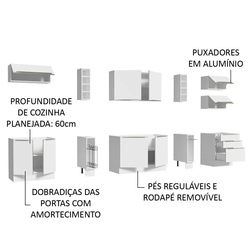 Armário de Cozinha Completa 300 x 60 cm Branco Veludo Lux da Sabrina Madesa - Image 8