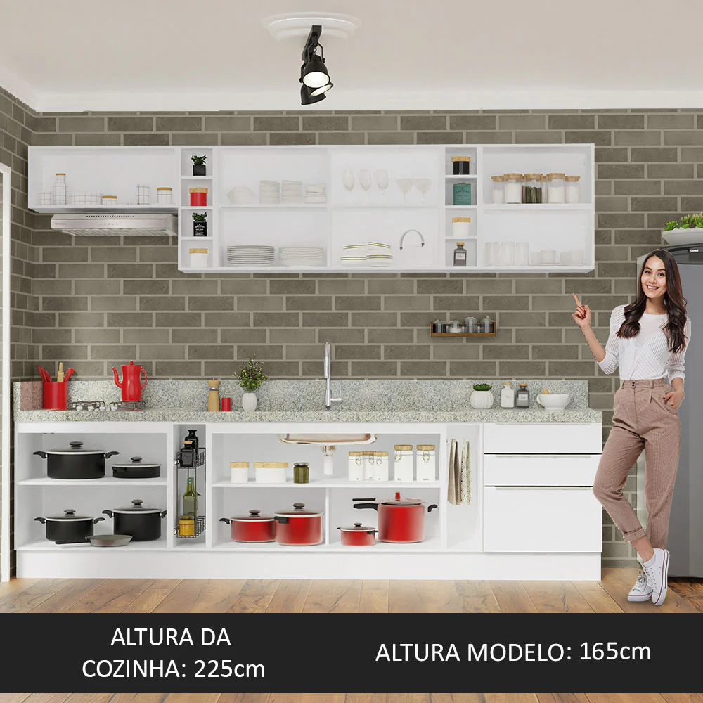 Armário de Cozinha Completa 300 x 60 cm Branco Veludo Lux da Sabrina Madesa - Image 9