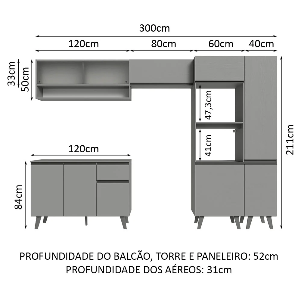 Armário de Cozinha Completa 300cm Cinza Nice Madesa 08 - Image 3