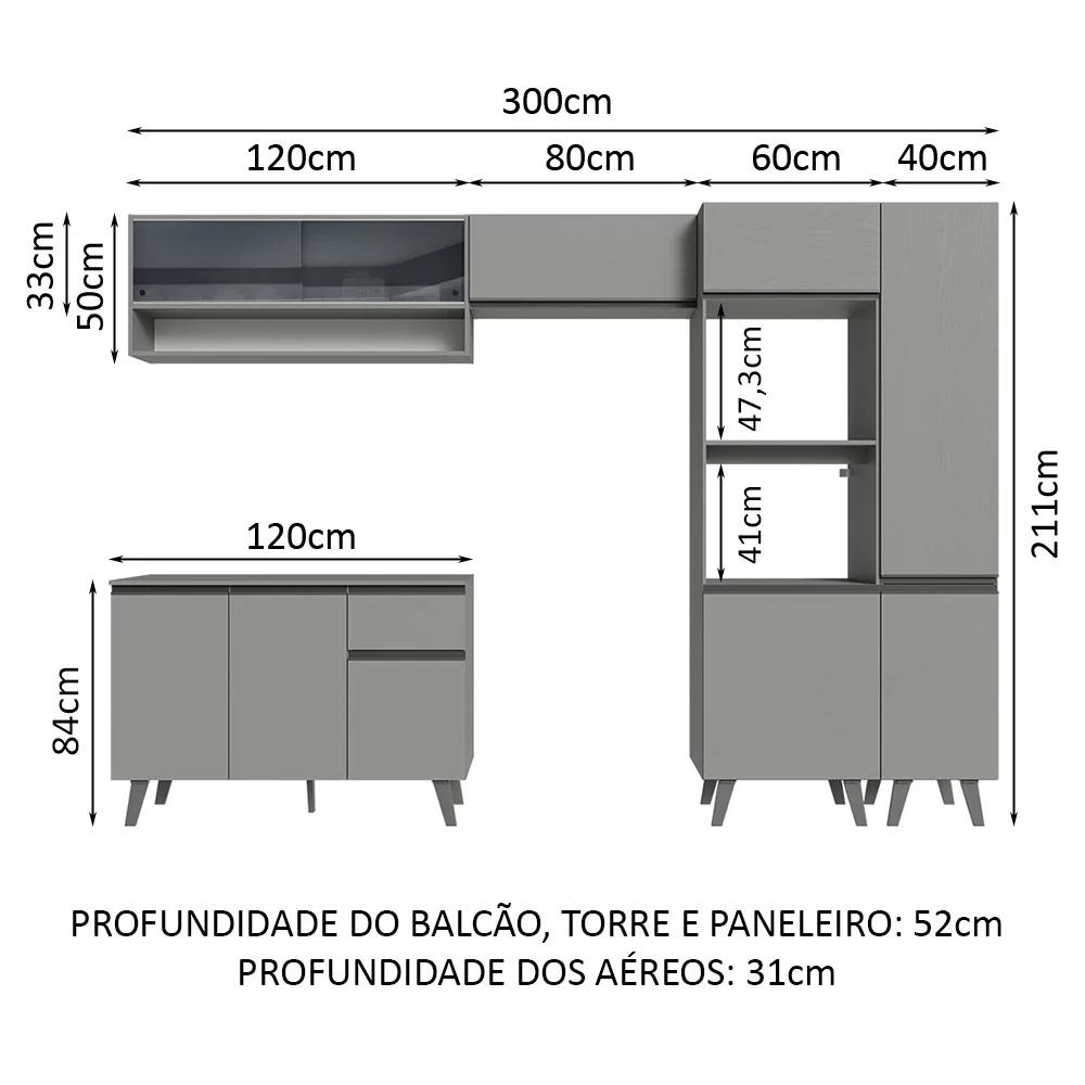 Armário de Cozinha Completa 300cm Cinza Nice Madesa 09 - Image 3